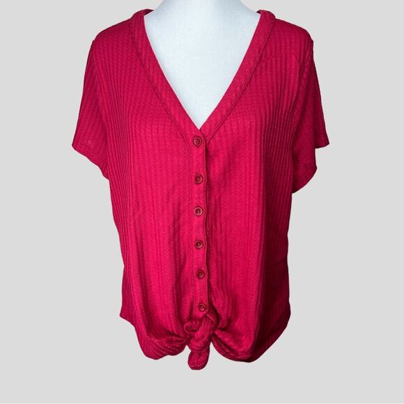 NWT Aventura Button Tie Front Waffle Knit Top Size L Ayla V-Neck Red Bud - Picture 3 of 11